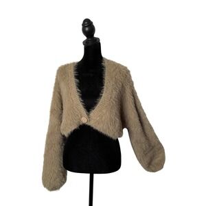 Forever 21 Fuzzy Cropped Cardigan Sweater Size L Soft Plush Coquette Puff Sleeve
